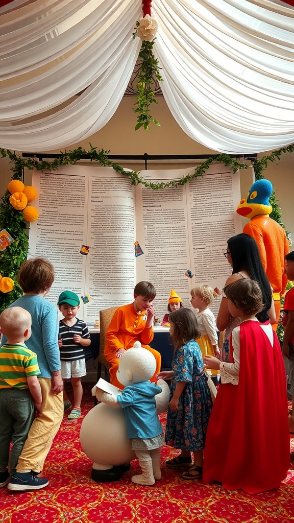 A lively party scene with children gathered around a character and colorful story-themed decorations.