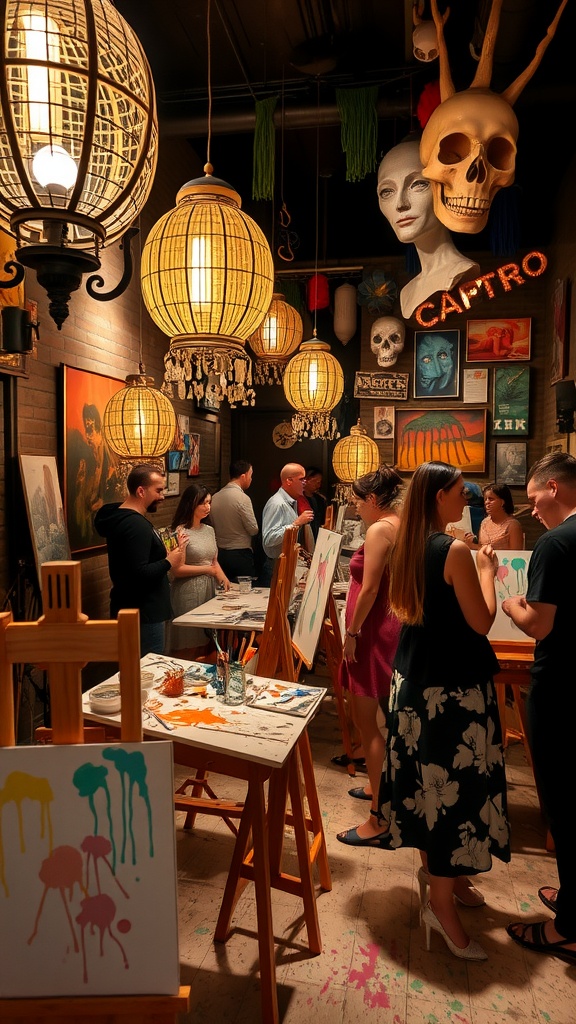 A surrealist art party scene with participants painting on easels, surrounded by eclectic decorations and warm lighting.