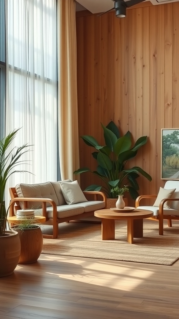 A cozy living room with wooden walls, plants, and comfortable furniture showcasing sustainable interior design.
