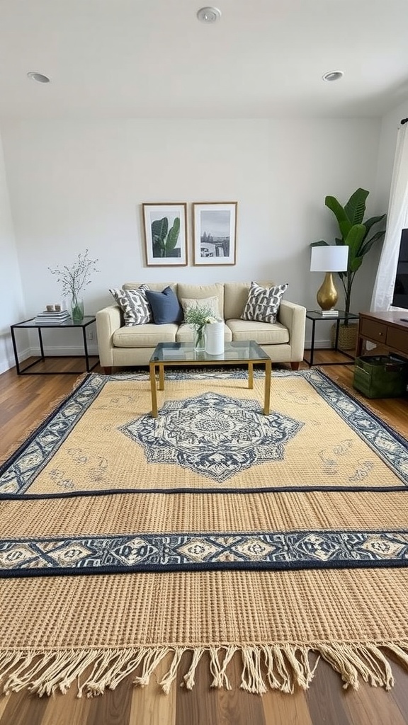 A living room with layered rugs, featuring a natural woven rug and a patterned decorative rug over it, accompanied by a sofa and decorative elements.