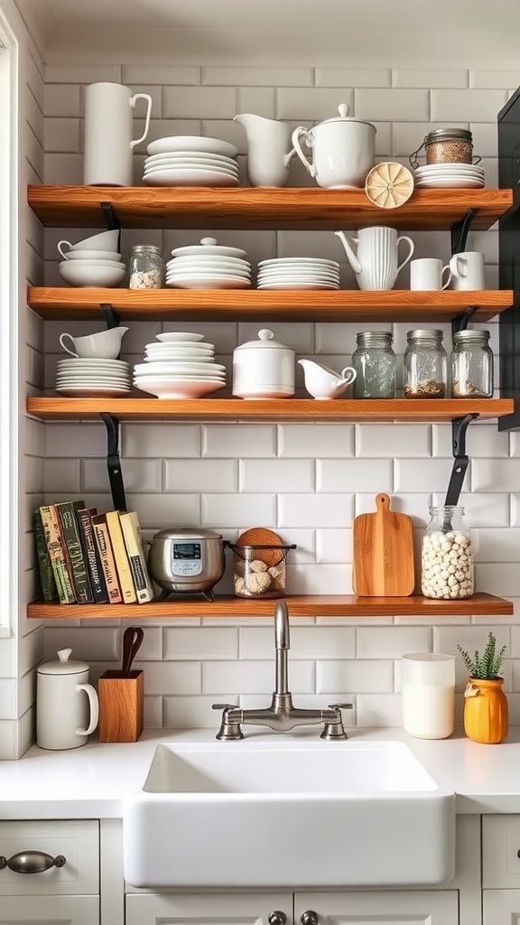 Open shelving in a kitchen displaying white dishware and glass jars on wooden shelves