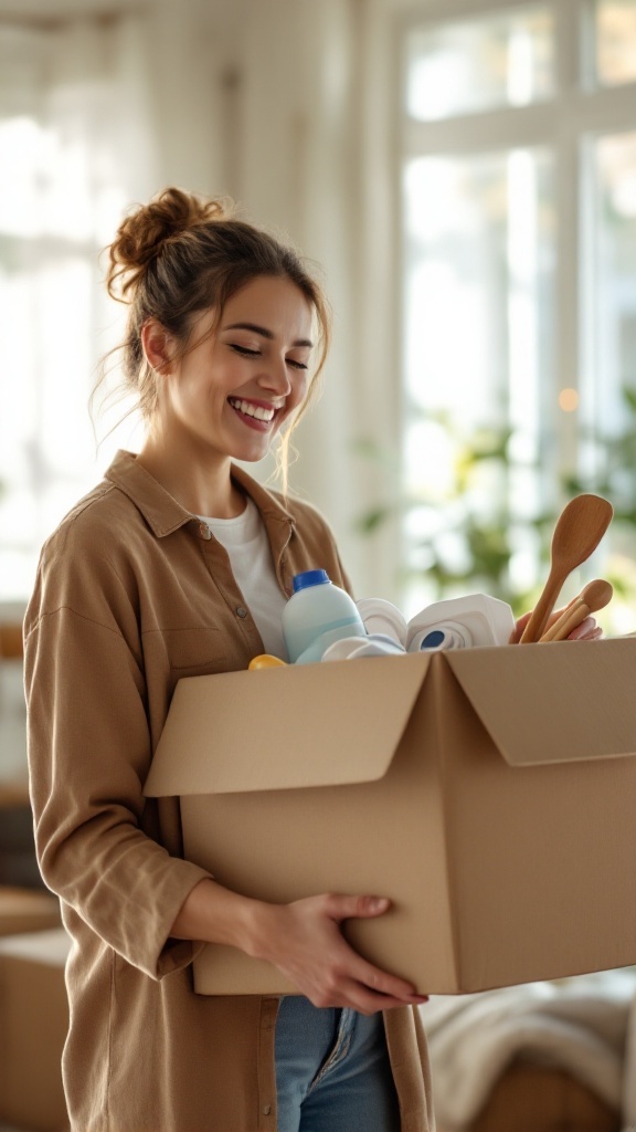 A smiling woman holding a box filled with various items, representing the act of decluttering.