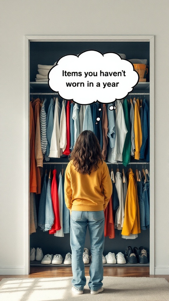 A person looking at a closet filled with clothes, thinking about items not worn in a year.
