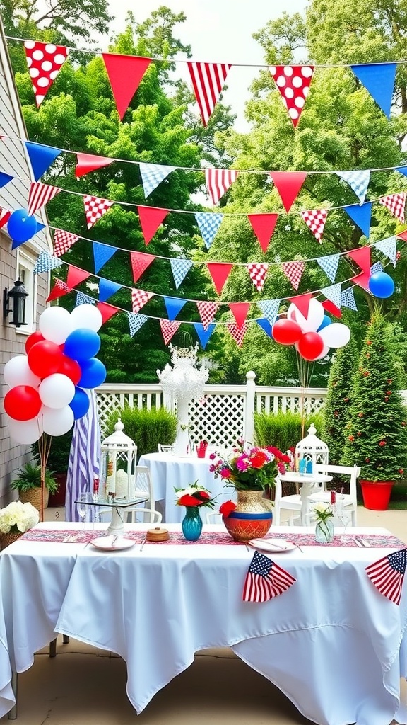 A decorated outdoor space for a 4th of July party, featuring colorful banners and balloons.