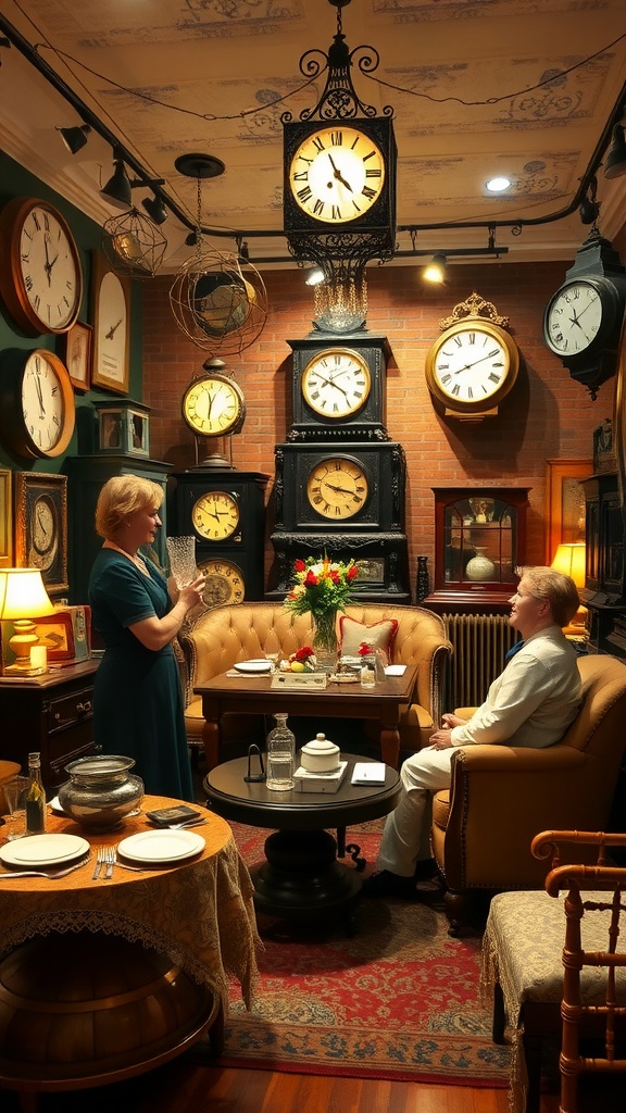 A cozy room filled with vintage clocks and decor, setting the scene for a Time Traveler's Ball.