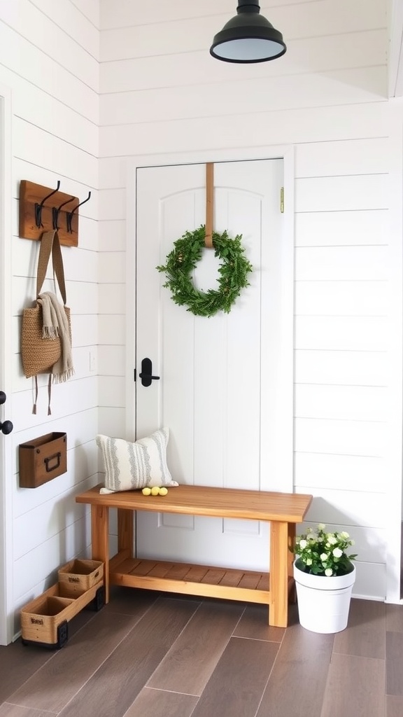 A warm and inviting entryway featuring shiplap walls, a wooden bench, and a decorative wreath.
