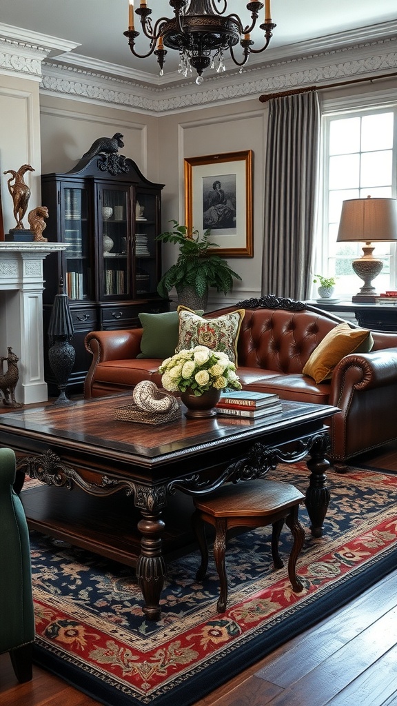 A cozy living room featuring a leather sofa, ornate coffee table, and elegant decor reflecting Ralph Lauren Interior Design.