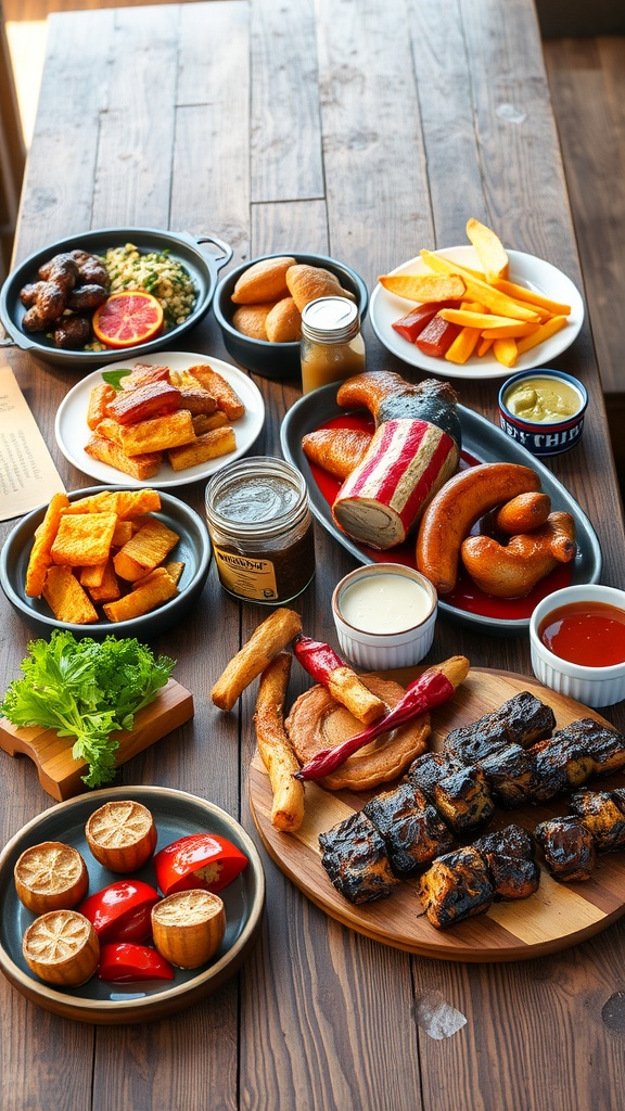 A delicious spread of BBQ dishes including sausages, ribs, sides, and sauces.
