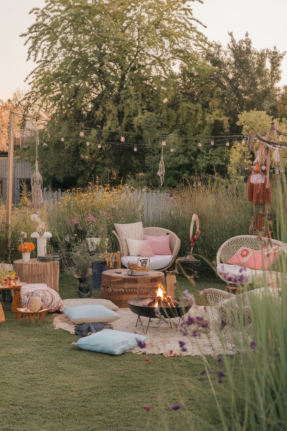 A cozy bohemian garden setup with soft seating, a fire pit, and lush greenery.