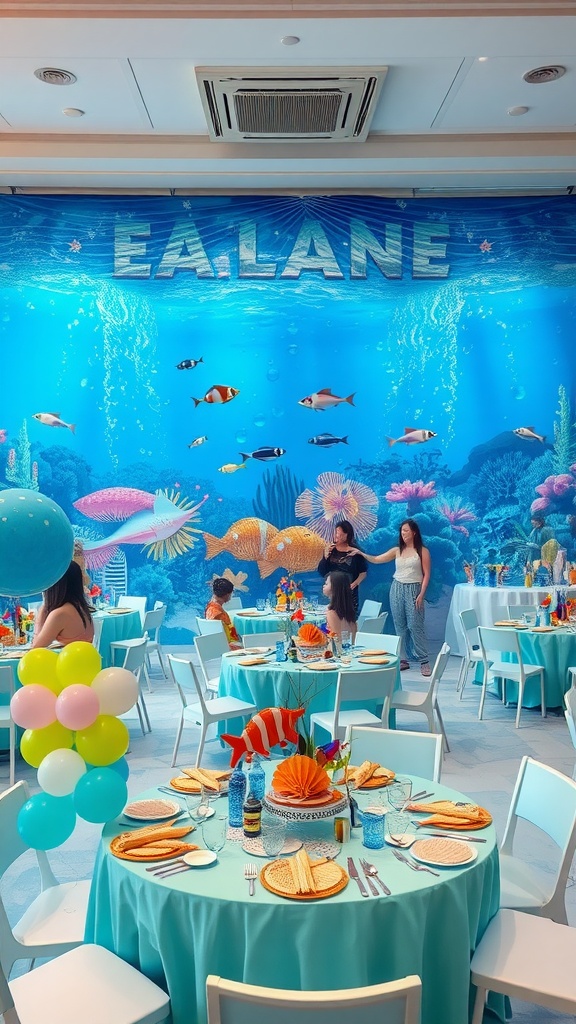 Underwater-themed party decor with blue backdrop and colorful table settings