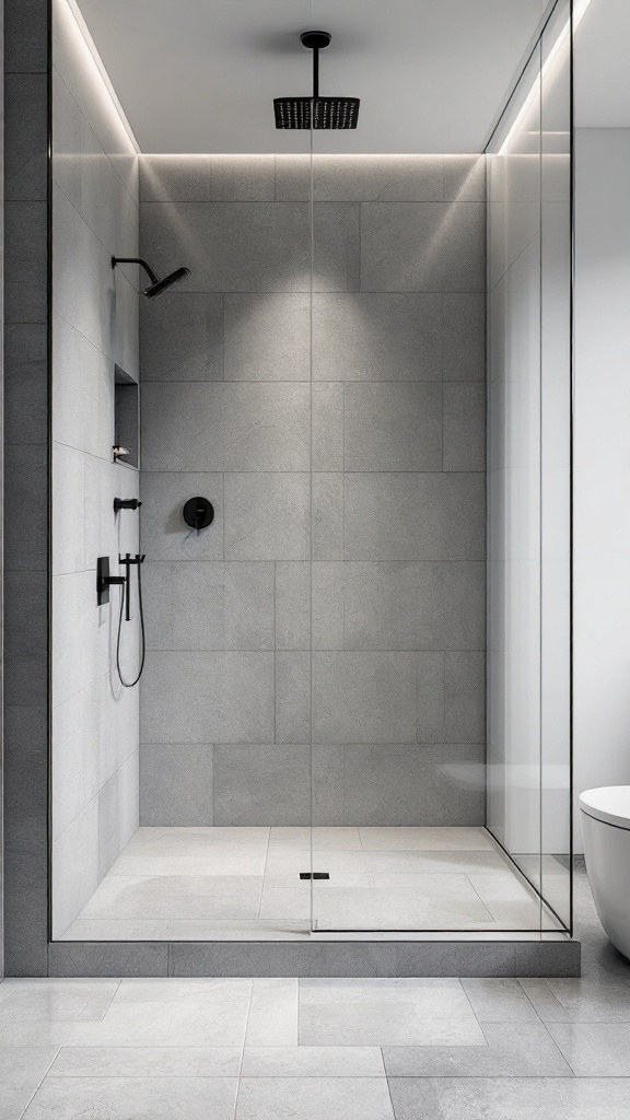 A modern walk-in shower featuring large gray tiles and a glass enclosure.