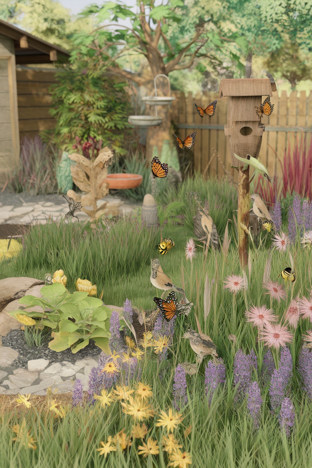 A vibrant garden filled with native plants, butterflies, and birds, showcasing wildlife attraction.