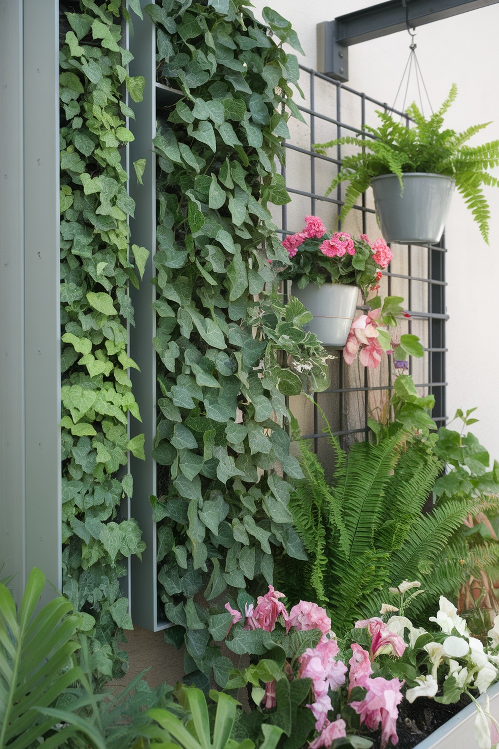 A vertical garden featuring lush green ivy, pink flowers, and ferns, showcased on a modern wall structure.