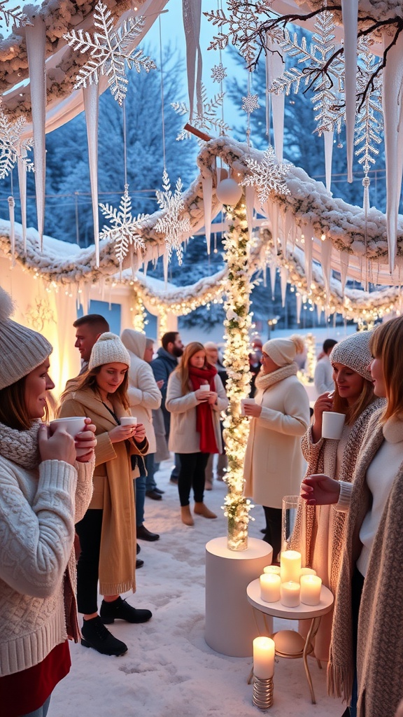 A festive winter party scene with guests enjoying drinks, surrounded by snowflakes and icicles.