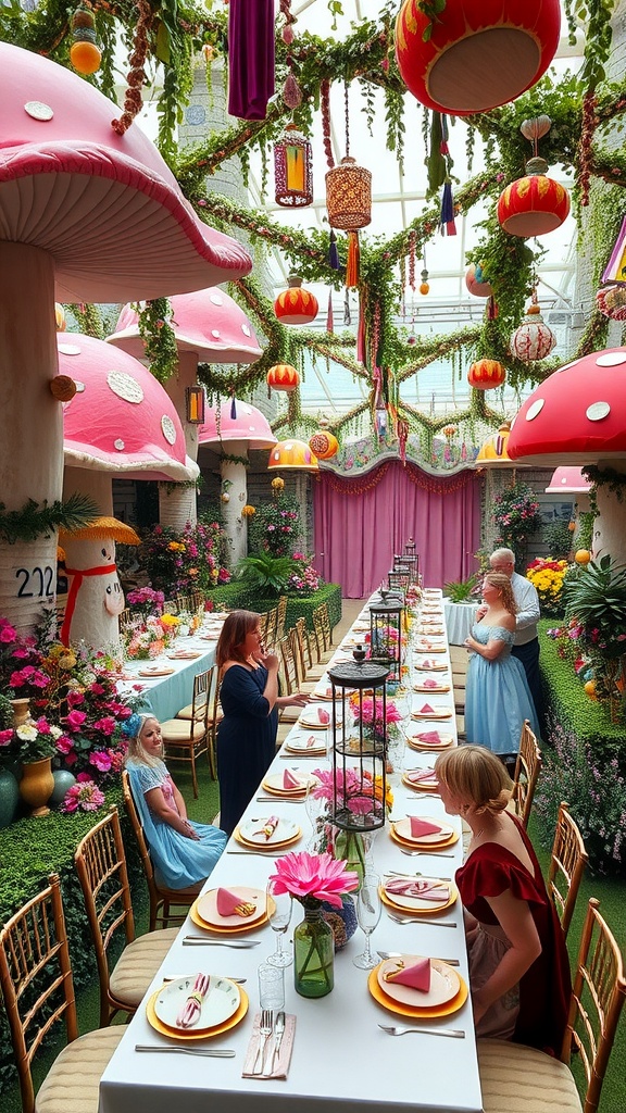 A whimsical dining setup featuring oversized pink mushrooms, lanterns, and a long table adorned with flowers and elegant tableware.