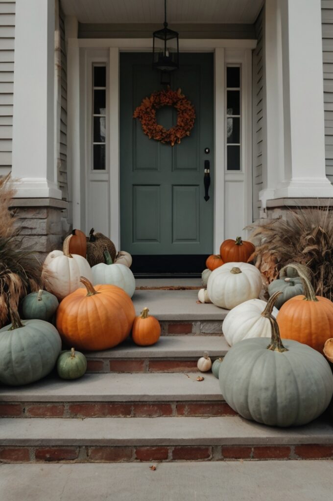 stylish Halloween front porch with pumpkins and lanterns